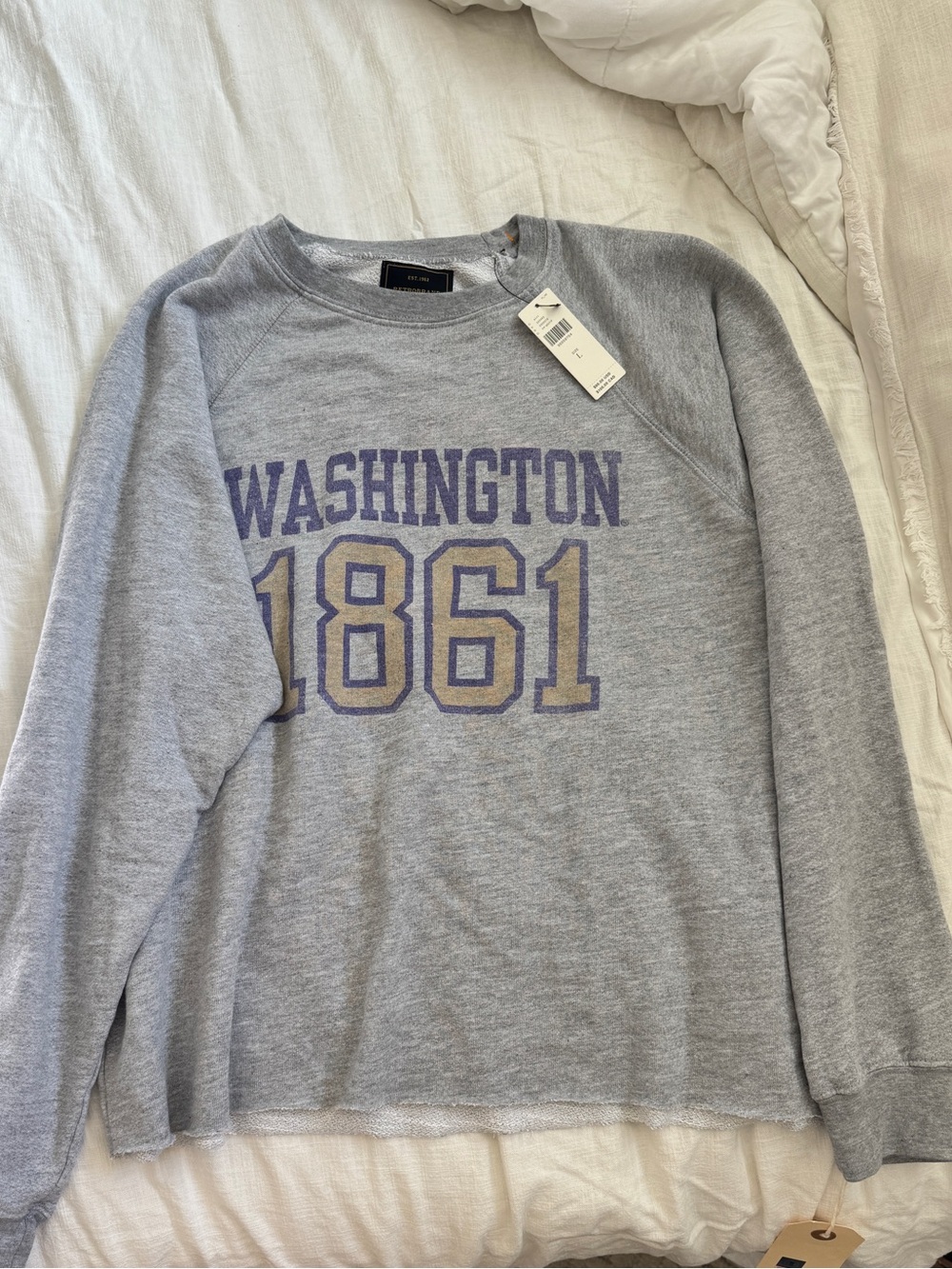 Anthropologie Light Gray Crewneck Sweatshirt with Purple & Tan Print